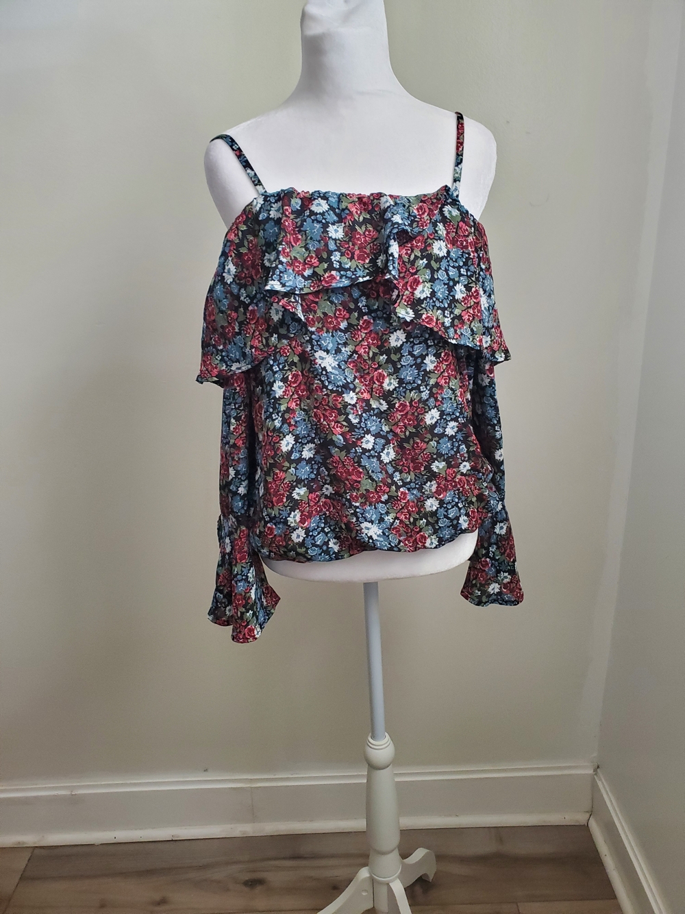 A. Byer Navy Floral Ruffle Off-Shoulder Camisole with Red and Blue Flowers